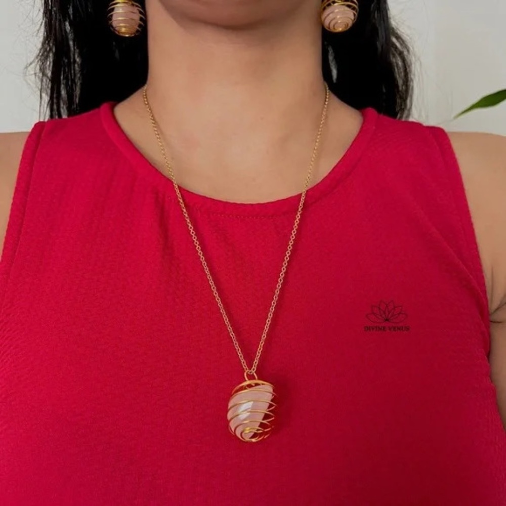 Rose Quartz Necklace | Gold Plated Stainless Steel Chain | Spiral Wired
